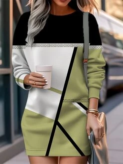 Women's Casual Dress Sweatshirt Dress Mini Dress Warm Fashion Outdoor Vacation Going Out Crew Neck Print Geometric Loose Fit Pink Royal Blue Blue S M L XL XXL -Tesla Style qeshiq1694576820845