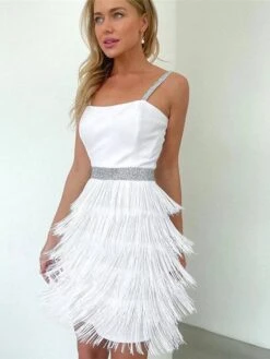 Women‘s Cocktail Party Dress Homecoming Dress Wedding Guest Dress Fringe Dress Mini Dress Black Sleeveless Pure Color Tassel Fringe Spring Summer Spaghetti Strap Hot Date 2023 S M L XL -Tesla Style qeumuv1676378287850