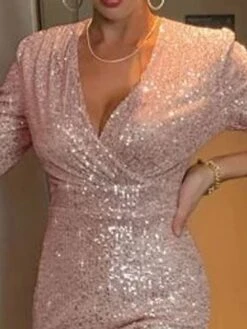 Women‘s Semi Formal Party Dress Sequin Dress Homecoming Dress Mini Dress Pink Half Sleeve Pure Color Sequins Winter Fall V Neck 2023 S M L XL XXL -Tesla Style qewozh1660818754165