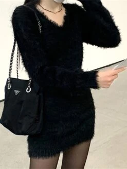 Women's Sweater Dress Winter Dress Jumper Dress Mini Dress Ruched Outdoor Street Daily Active Fashion V Neck Long Sleeve 2023 Slim Black Brown Color S M L Size -Tesla Style qfobfz1692862197450