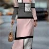 Women's Work Dress Casual Dress Semi Formal Dress Fashion Winter Dress Daily Midi Dress Print Crew Neck Long Sleeve Geometric Plaid Slim Light Pink Pink Blue Fall Winter S M L XL XXL