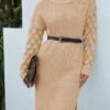 Women's Sweater Dress Jumper Dress Casual Dress Midi Dress Fashion Pure Color Outdoor Daily Vacation Going Out Turtleneck Long Sleeve Patchwork 2023 Loose Fit Khaki S M L XL -Tesla Style qfvzjd1693993782269