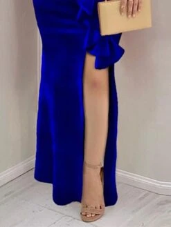 Women‘s Cocktail Party Dress Wedding Guest Dress Velvet Dress Long Dress Maxi Dress Blue Short Sleeve Pure Color Ruffle Winter Fall Spring V Neck Elegant Vacation 2023 S M L XL -Tesla Style qfxvya1636449158084
