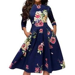 Women‘s A Line Dress Knee Length Dress Purple / Blue White Dark Blue Red 3/4 Length Sleeve Floral Print Print Fall Spring Round Neck Formal Vintage 2023 S M L XL XXL XXXL -Tesla Style qggxyw1647310996673