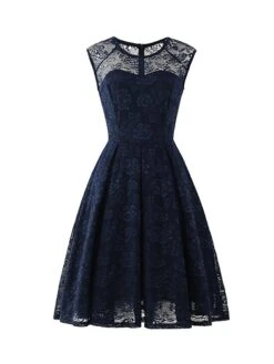 Women's Retro 1950s Vintage Tea Dresses Midi Dress Party Outdoor Lace Ruched Plain Crew Neck Sleeveless Regular Fit Summer Spring 2023 Black Pink S M L XL -Tesla Style qghhqc1672986137724