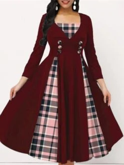 Women's Work Dress Swing Dress Church Dress Midi Dress Black Wine Dark Blue Long Sleeve Plaid Button Spring Fall Winter Square Neck Fashion Office 2023 S M L XL XXL 3XL 4XL 5XL