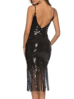 Women‘s Party Dress Fringe Dress Sequin Dress Midi Dress Silver Black Champagne Sleeveless Pure Color Sparkly Glitter Sequins Summer Spring Fall Spaghetti Strap Fashion Vacation Slim 2023 -Tesla Style qgmlor1692770453353