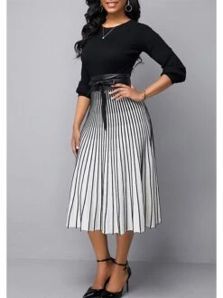 Women's A Line Dress Modern Dress Church Dress Midi Dress Black Long Sleeve Striped Patchwork Summer Spring Crew Neck Elegant Winter Dress Fall Dress 2023 S M L XL 2XL 3XL 4XL 5XL -Tesla Style qgpezi1661924814332