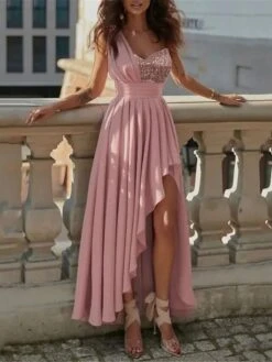 Women‘s Prom Dress Party Dress Sequin Dress Long Dress Maxi Dress Pink Sleeveless Pure Color Sparkly Glitter Sequins Summer Spring Fall One Shoulder Fashion Wedding Guest Evening Party Vacation -Tesla Style qgrhbu1690428711129