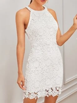 Women's Party Dress Lace Dress Homecoming Dress Mini Dress White Sleeveless Pure Color Lace Summer Spring Halter Neck Stylish Spring Dress Loose Fit 2023 XS S M L -Tesla Style qgyxdf1645601055672