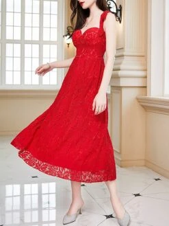 Women's Party Dress Lace Dress Cocktail Dress Midi Dress Red Sleeveless Pure Color Lace Summer Spring Fall Spaghetti Strap Fashion Wedding Guest Vacation Summer Dress 2023 S M L XL -Tesla Style qgznix1690276035127