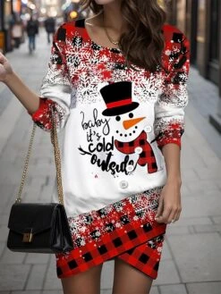 Women's Casual Dress Sweatshirt Dress Mini Dress Warm Fashion Outdoor Christmas Vacation Crew Neck Print Snowman Snowflake Loose Fit Red Blue Orange S M L XL XXL