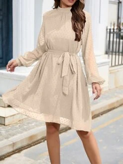 Women's Work Dress Chiffon Dress Black Dress Fashion Mini Dress Lace Up Ruched Crew Neck Long Sleeve Plain Loose Fit Black White Wine Fall Winter S M L XL XXL -Tesla Style qhmckd1693373940262