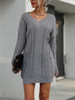 Women's Sweater Dress Jumper Dress Casual Dress Mini Dress Warm Pure Color Outdoor Casual Daily Going Out V Neck Long Sleeve 2023 Loose Fit Gray S M L -Tesla Style qhmqea1695194443255