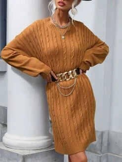 Women's Sweater Dress Jumper Dress Casual Dress Mini Dress Warm Pure Color Outdoor Casual Daily Going Out Crew Neck Long Sleeve 2023 Loose Fit Camel S M L -Tesla Style qhnodu1695106687939