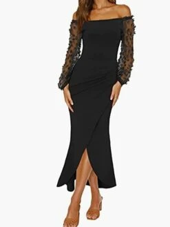 Women's Party Dress Cocktail Dress Wedding Guest Dress Long Dress Maxi Dress Black Wine Army Green Long Sleeve Pure Color Lace Spring Fall Winter Off Shoulder Fashion Winter Dress Wedding Guest -Tesla Style qhvnbm1697095998859