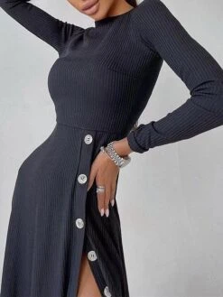 Women's Sweater Dress Winter Dress Jumper Dress Midi Dress Button Split Daily Date Going Out Fashion Basic Crew Neck Long Sleeve 2023 Regular Fit Black Blue Camel Color S M L XL Size -Tesla Style qiaach1692357251573