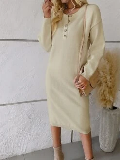 Women's Sweater Dress Winter Dress Jumper Dress Midi Dress Button Outdoor Work Street Fashion Modern Crew Neck Long Sleeve 2023 Loose Fit Black White Blue Color S M L XL Size -Tesla Style qihydj1694602810448