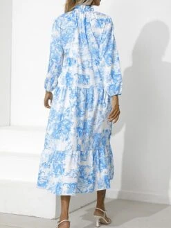 Women's Work Dress Swing Dress Semi Formal Dress Fashion Midi Dress Print Stand Collar Long Sleeve Floral Loose Fit Red Blue Green Fall S M L XL XXL -Tesla Style qiiune1693300620482