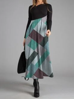 Women's Work Dress Casual Dress Swing Dress Fashion Winter Dress Daily Long Dress Maxi Dress Button Print V Neck Long Sleeve Geometric Plaid Regular Fit Blue Orange Brown Fall Winter S M L XL XXL -Tesla Style qitbaq1695887963090