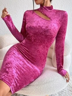 Women's Party Dress Velvet Dress Homecoming Dress Mini Dress Rose Long Sleeve Pure Color Cut Out Spring Fall Winter High Neck Fashion Winter Dress Wedding Guest Vacation 2023 S M L XL -Tesla Style qjamcy1692860977512