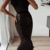 Women‘s Semi Formal Party Dress Wedding Guest Sequin Dress Feather Dress Midi Dress Black White Sleeveless Pure Color Sequins Spring Summer Strapless Weekend Slim 2023 S M L XL -Tesla Style qjyjku1664280639175