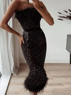 Women‘s Semi Formal Party Dress Wedding Guest Sequin Dress Feather Dress Midi Dress Black White Sleeveless Pure Color Sequins Spring Summer Strapless Weekend Slim 2023 S M L XL