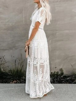 Women's Party Dress Lace Dress Sheath Dress Long Dress Maxi Dress White Short Sleeve Pure Color Fall Spring Summer Deep V S M L XL XXL -Tesla Style qkanna1648031007056