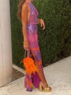 Women‘s Prom Dress Party Dress Homecoming Dress Sequin Dress Long Dress Maxi Dress Blue Purple Sleeveless Ombre Sequins Sparkly Glitter Spring Fall Winter Spaghetti Strap Fashion Wedding Guest -Tesla Style qkiafo1693983145115