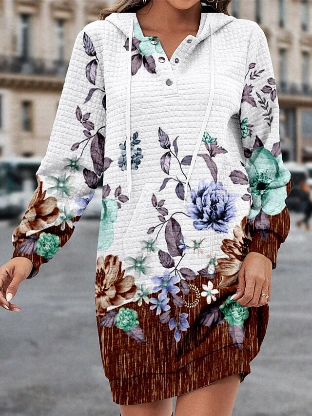 Women's Casual Dress Hoodie Dress Winter Dress Floral Button Print Hooded Mini Dress Fashion Streetwear Outdoor Daily Long Sleeve Regular Fit Wine Blue Green Fall Winter S M L XL XXL 4 Women's Casual Dress Hoodie Dress Winter Dress Floral Button Print Hooded Mini Dress Fashion Streetwear Outdoor Daily Long Sleeve Regular Fit Wine Blue Green Fall Winter S M L XL XXL - Image 2