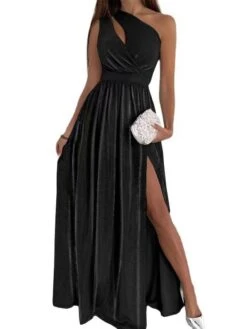Women‘s Christmas Party Dress Velvet Dress Homecoming Dress Long Dress Maxi Dress Light Pink Black Wine Sleeveless Pure Color Ruched Summer Spring Fall One Shoulder Fashion Party Evening Party 2023 S -Tesla Style qkryci1673317339115