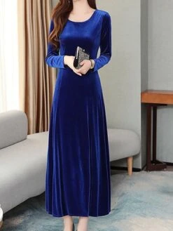 Women's Green Velvet Dress Maxi Long Dress Black Wine Blue Long Sleeve Solid Color Ruched Fall Winter Crew Neck Party Stylish Elegant Party -Tesla Style qksifp1637316073607
