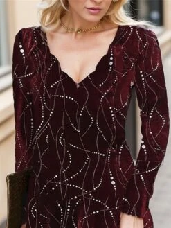 Women's Velvet Dress Party Dress Cocktail Dress Mini Dress Wine Long Sleeve Geometric Ruched Spring Fall Winter V Neck Fashion Winter Dress Christmas Wedding Guest 2023 S M L XL XXL 3XL -Tesla Style qktgqn1697594544848