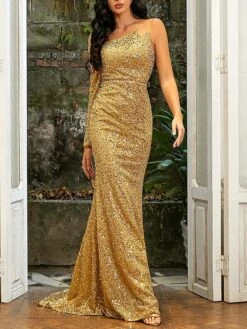 Women‘s Prom Dress Party Dress Sequin Dress Long Dress Maxi Dress Yellow Long Sleeve Pure Color Sparkly Glitter Sequins Fall Winter Autumn One Shoulder Fashion Winter Dress Birthday Fall Dress