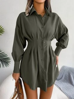 Women's Work Dress White Dress Semi Formal Dress Fashion Office Daily Workfashion Mini Dress Ruched Button Shirt Collar Long Sleeve Plain Loose Fit White Blue Army Green Fall Winter S M L XL -Tesla Style qkxqxz1695026966444