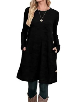 Women's Work Dress Casual Dress A Line Dress Fashion Daily Mini Dress Button Pocket Crew Neck Long Sleeve Plain Loose Fit Black Pink Gray Fall Winter S M L XL XXL -Tesla Style qkzwiy1697185362553