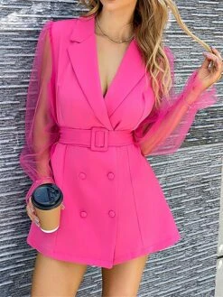 Women's Work Dress Blazer Dress Sheath Dress Fashion Office Daily Workfashion Mesh Sleeve Mini Dress Mesh Button Shirt Collar Long Sleeve Plain Regular Fit Black Dark Green Green Fall Winter S M L -Tesla Style qlctff1697711828935