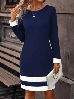 Women's Casual Dress Sweatshirt Dress Winter Dress Stripe Print Crew Neck Midi Dress Active Fashion Outdoor Daily Long Sleeve Regular Fit Navy Blue Fall Winter S M L XL XXL -Tesla Style qlefuf1696523550355