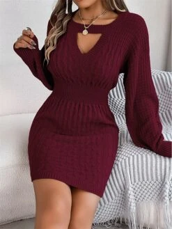Women's Sweater Dress Winter Dress Jumper Dress Mini Dress Active Pure Color Outdoor Casual Holiday Vacation Crew Neck Long Sleeve Cut Out 2023 Loose Fit Wine Khaki Gray S M L -Tesla Style qlqaxu1697526789343
