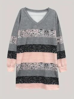 Women's Casual Dress Sweatshirt Dress Print Dress Geometric Stripe Print V Neck Mini Dress Fashion Streetwear Outdoor Daily 3/4 Length Sleeve Loose Fit Pink Dusty Rose Blue Fall S M L XL XXL -Tesla Style qlwrkt1695361703888