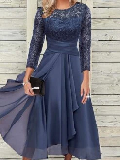 Women's Prom Dress Party Dress Lace Dress Midi Dress Navy Blue 3/4 Length Sleeve Pure Color Lace Spring Fall Winter Crew Neck Fashion Winter Dress Wedding Guest 2023 S M L XL XXL 3XL -Tesla Style qmdequ1694671088114