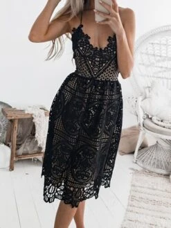 Women's Party Dress Lace Dress White Dress Midi Dress Black White Sleeveless Pure Color Lace Spring Summer V Neck Party S M L XL -Tesla Style qmhogz1632569107811
