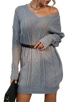 Women's Sweater Dress Jumper Dress Casual Dress Mini Dress Warm Pure Color Outdoor Casual Daily Going Out V Neck Long Sleeve 2023 Loose Fit Gray S M L -Tesla Style qmjtdu1695194443850