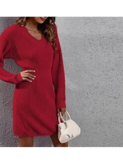 Women‘s Sweater Dress Winter Dress Knit Dress Blue Pink Red Black Long Sleeve Pure Color Patchwork Winter Fall V Neck Stylish Casual Modern Fall Dress 2022 S M L XL -Tesla Style qmmrew1662089968569