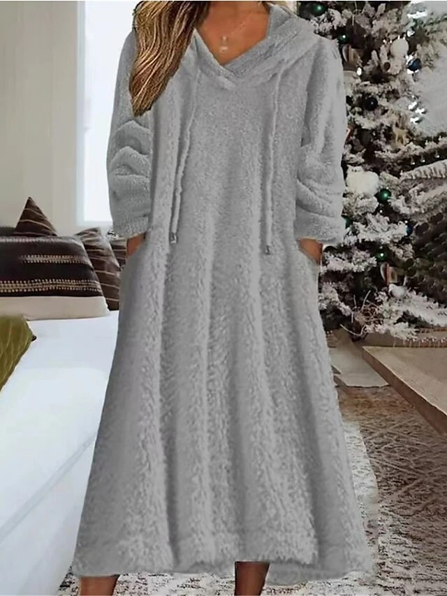 Women's Casual Dress Hoodie Dress Midi Dress Daily Basic Outdoor Vacation Going Out V Neck Pocket Solid Color Loose Fit Black White Green S M L XL XXL 4 Women's Casual Dress Hoodie Dress Midi Dress Daily Basic Outdoor Vacation Going Out V Neck Pocket Solid Color Loose Fit Black White Green S M L XL XXL - Image 2