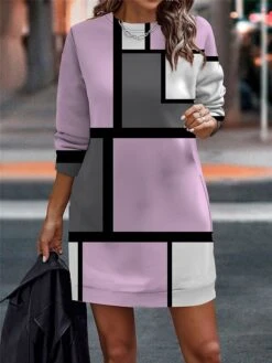Women's Casual Dress Sweatshirt Dress Mini Dress Warm Fashion Outdoor Vacation Going Out Crew Neck Print Geometric Loose Fit Pink Blue Light Purple S M L XL XXL -Tesla Style qmwjgc1694596716605
