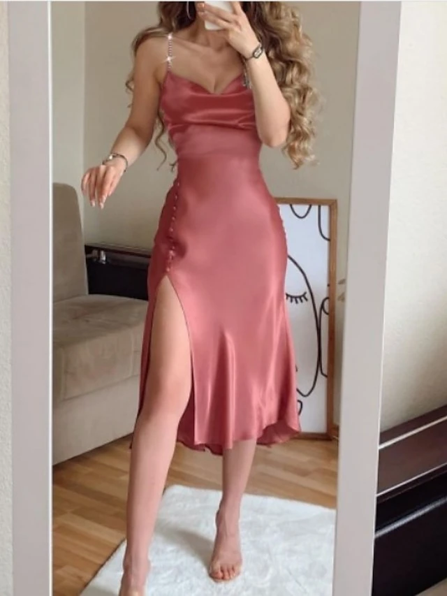 Women‘s Party Dress Stain Knee Length Dress Light Pink Red Sleeveless Pure Color Split Button Spring Summer Cold Shoulder Elegant Sexy Party 2023 S M L XL 3 Women‘s Party Dress Stain Knee Length Dress Light Pink Red Sleeveless Pure Color Split Button Spring Summer Cold Shoulder Elegant Sexy Party 2023 S M L XL