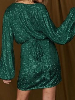 Women‘s Party Dress Sequin Dress Homecoming Dress Cocktail Dress Mini Dress Black White Champagne Long Sleeve Pure Color Sparkly Glitter Lace Up Fall Winter Autumn V Neck Wedding Guest -Tesla Style qndwup1694592551560