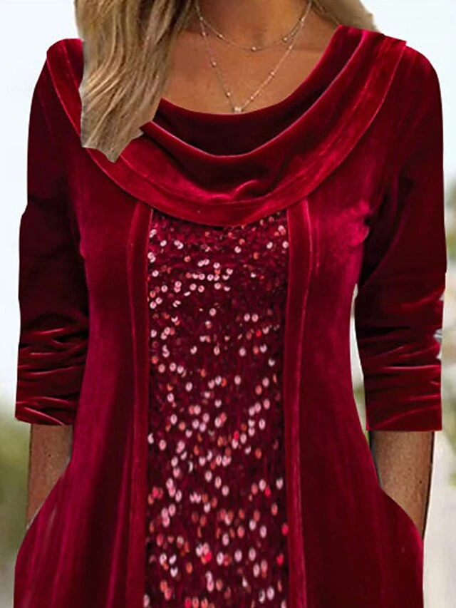 Women‘s Christmas Party Dress Velvet Dress Sequin Dress Midi Dress Wine Long Sleeve Pure Color Sparkly Glitter Sequins Spring Fall Winter Crew Neck Fashion Winter Dress Wedding Guest 2023 5 Women‘s Christmas Party Dress Velvet Dress Sequin Dress Midi Dress Wine Long Sleeve Pure Color Sparkly Glitter Sequins Spring Fall Winter Crew Neck Fashion Winter Dress Wedding Guest 2023 - Image 3