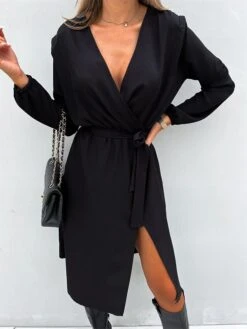 Women's Work Dress Sheath Dress Semi Formal Dress Fashion Midi Dress Lace Up Split V Neck Long Sleeve Polka Dot Loose Fit Black White Red Fall Winter S M L XL XXL -Tesla Style qnlpbs1692080006081